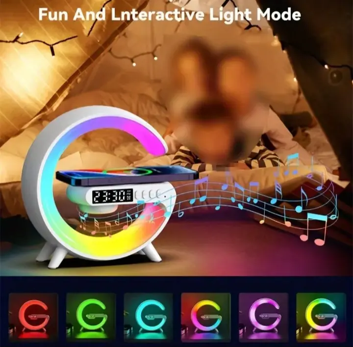 Wireless speaker with wireless charging pad, usb-c, button control, mono sound, rgb light bar, sunrise alarm clock, wake-up light, dimmable bedroom table lamp